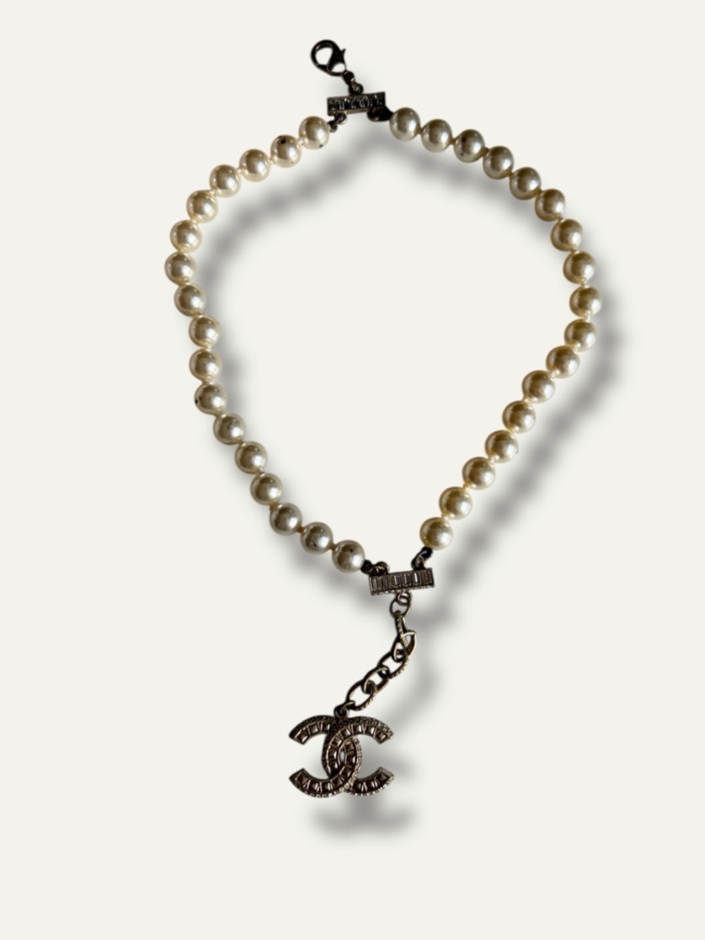 CHANEL Pearl Bracelet with Pave Double C Charm - White and Silver image 2